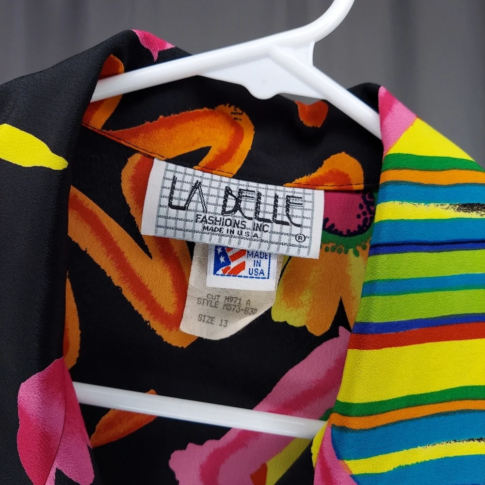 90's Vtg LABelle Button Collar Dress Multicolor Print Tie Sleeveless Midi 13 USA - Picture 9 of 12